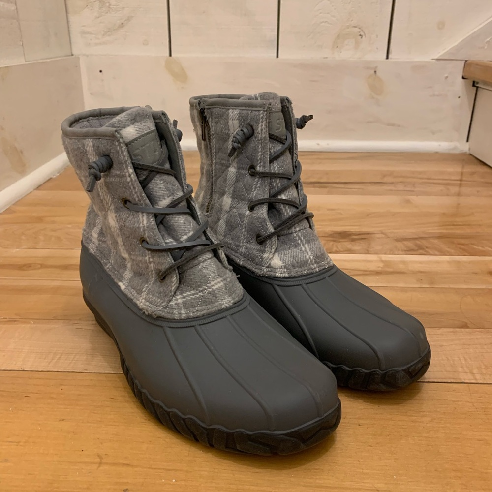 STQ grey plaid duck boots.
